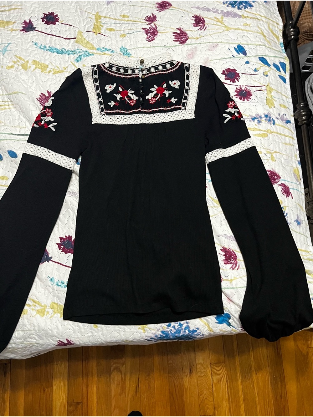 Free People Black Long-Sleeve Embroidered Lace “Cozy on Top” Blouse